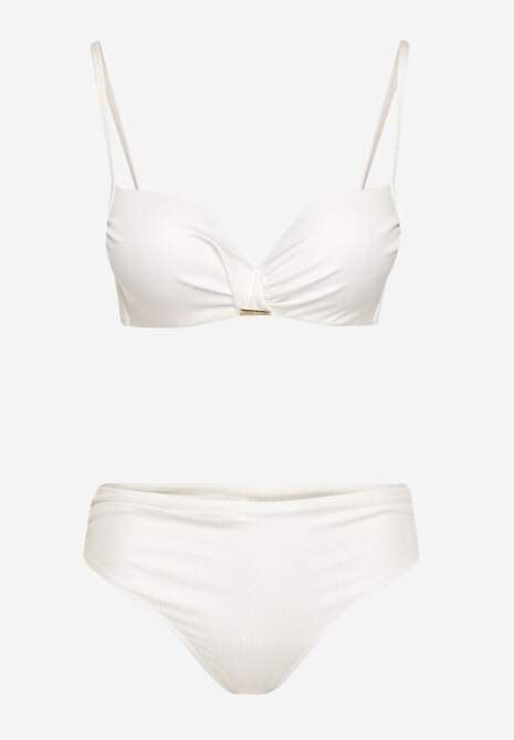 Białe Bikini Majtki Typu Figi i Biustonosz z Usztywnianymi Miseczkami oraz Marszczeniem Jonbia