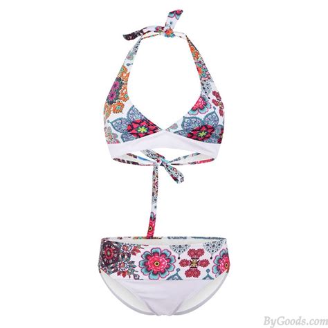 Sexy Flower Totem Folk High Waisted Two Piece Set Bikini Bathing Suit Women S Swimwear Halter