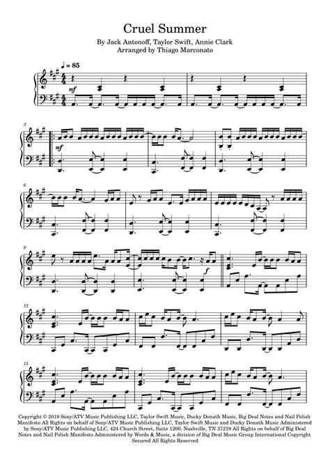 Cruel Summer Arr Thiago Marconato Sheet Music Taylor Swift Piano Solo