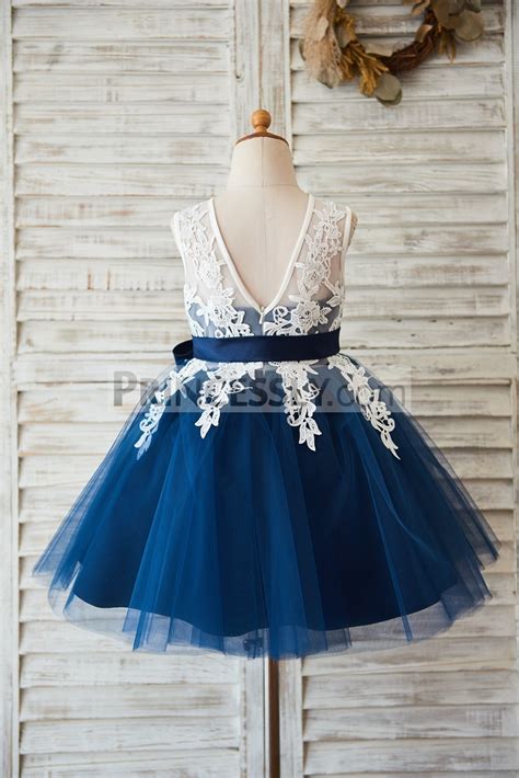 Ivory Lace Inside Sweetheart Navy Blue Tulle Wedding Flower Girl Dress