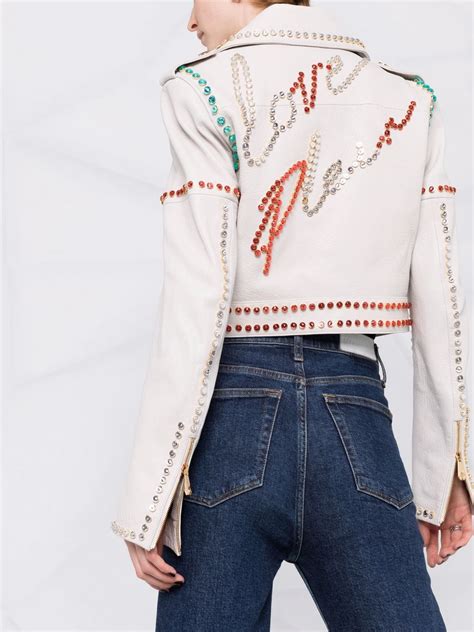 Philipp Plein Crystal Trim Studded Cropped Biker Jacket White Farfetch