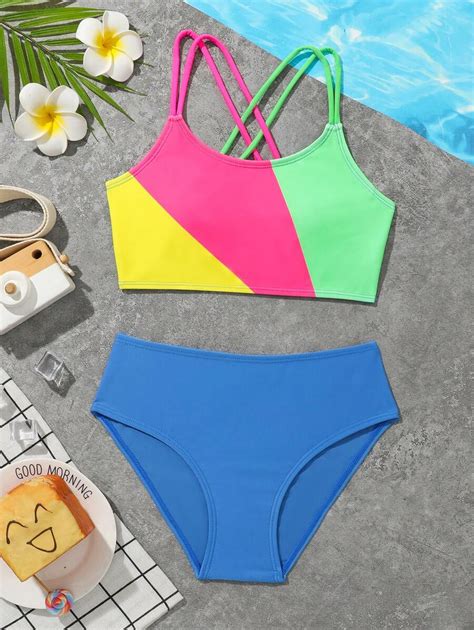 Shein Tween Girl Color Block Crisscross Back Bikini Set Summer Beach Shein Usa
