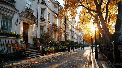 Autumnal Street Scene Charming London Row Houses Golden Leaves Sunlight