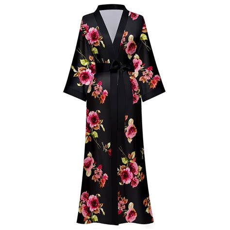 Amitofo Long Silk Kimono Robes For Women Lightweight Silky Satin Floral