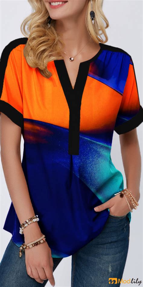 Color Block Split Neck Short Sleeve Blouse Short Sleeve Blouse