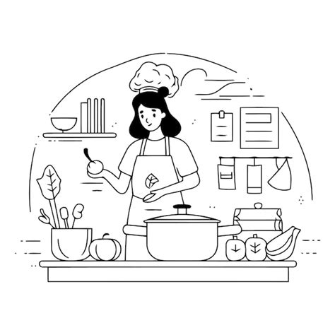 Mujer Cocinando En La Cocina Ilustraci N De L Nea Vectorial En Fondo