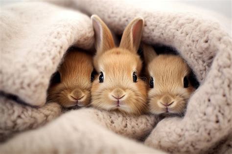 Three Baby Rabbits Are Sitting Under A Pink Blanket Stock Photo Image