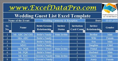 wedding guest list excel template exceldatapro