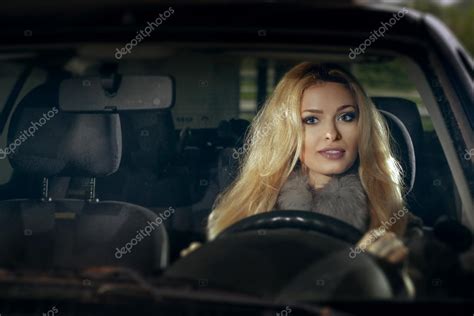 City Portrait Of Pretty Blonde Driver Inside The Car Night Scen Stock Photo By Boomeart