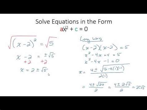 Solve A Quadratic Equation In The Form Ax C Youtube