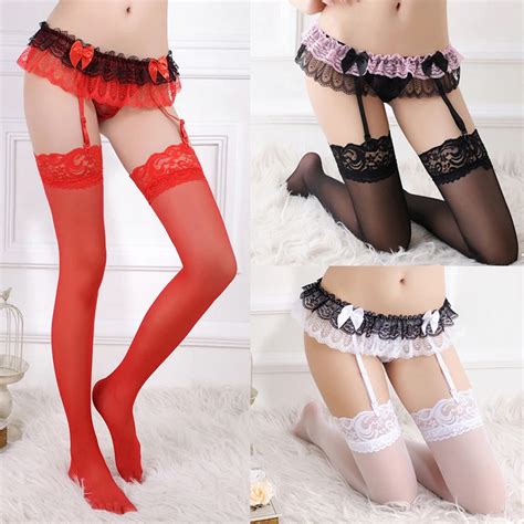Mulheres Sexy Lace Meias E Garter Belt Suspender Er Tico Lingerie Coxa Meias Altas Medias De