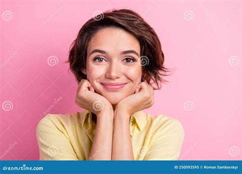 Photo Of Lovely Millennial Brunette Lady Hands Face Wear Yellow T Shirt