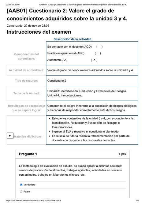 Solution Examen Aab01 Cuestionario 2 Valore El Grado De Conocimientos Adquiridos Sobre La