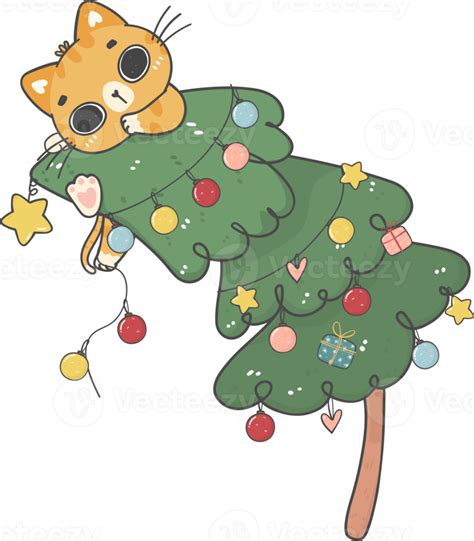 cute Christmas naughty kitten cat on Christmas tree cartoon doodle hand ...