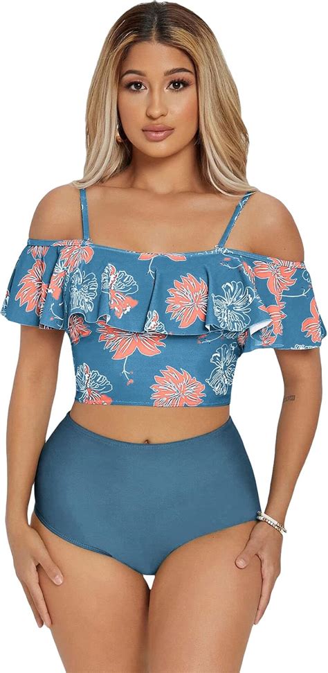 Amazon Floerns Women S Piece Bathing Suit Floral Print High Waisted Flounce Bikini Set
