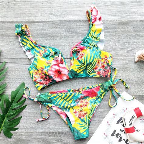 Female Floral European And American Wide Shoulder Ruffles Straps Bikini Sexy Women Bikini Set