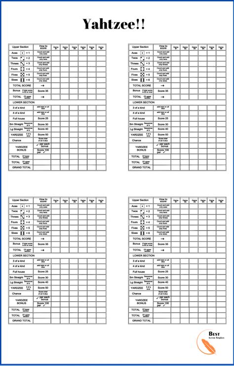 printable yahtzee score cardssheet