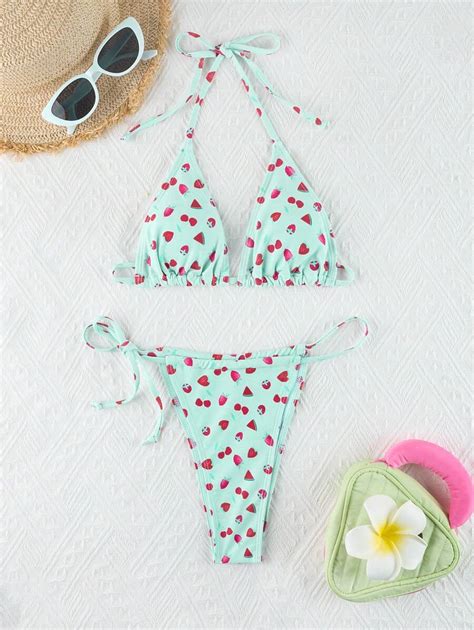 Conjunto De Bikini Triangular Con Estampado De Frutas Para Mujer 2