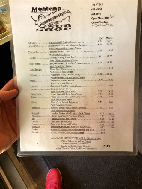 Menu at Montana Sub Shop restaurant, Great Falls