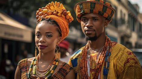 Hermosa Mujer Afroamericana Con Vestido Tradicional Y Apuesto Hombre