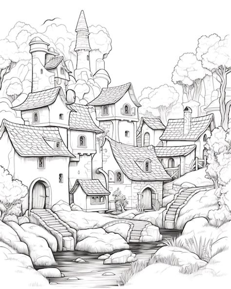 Premium Photo Coloring Page Of A Fantasy Village Scene