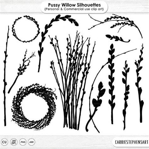Pussy Willow Black Silhouette Graphics Easter Spring ClipArt Wreath