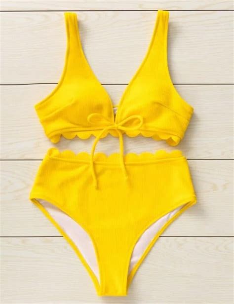 Rib Scallop Trim High Waisted Bikini Swimsuit Women S Store