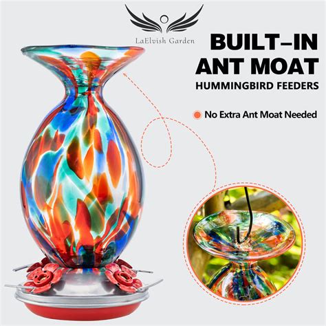 Laelvish Garden Blown Glass Built In Ant Moat Hummingbird Feeder 32 Oz Vase Shape Bluebells