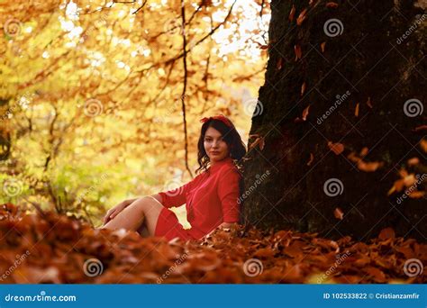 Beautiful Brunette Relaxes In Leaves Near A Tree Stock Photo Image Of Face Leaf