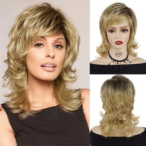 Gnimegil Shaggy Wigs For Women Synthetic Hair Ombre Blonde Wig With Bangs With Dark Roots