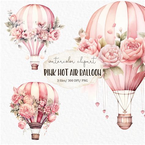 Pink Hot Air Balloon Watercolor Clipart PNG Flower Baby Shower Nursery Baby Girl Adventure