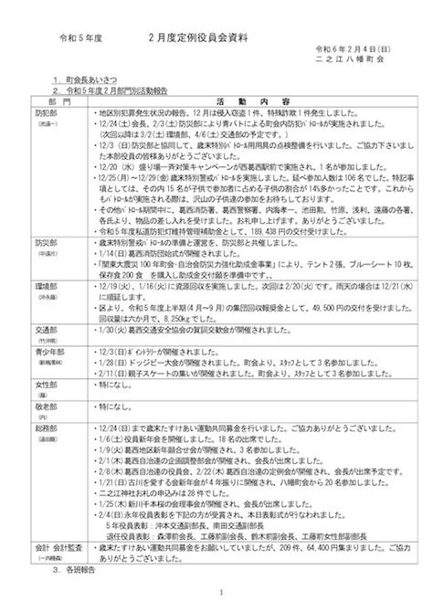 令和5年度 2月度定例役員会 報告 二之江八幡町会