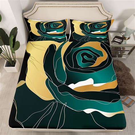 YST Gold Black Dark Green Twin Fitted Sheet Abstract Rose Floral Sheets ...