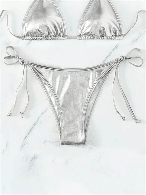 Swim Basics Women S Metal Texture Lace Up Bikini Bottom For Vacation Shein Usa