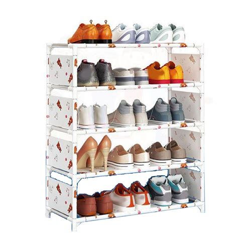 Shoe Rack Tiers Sturdy Metal Pipes Cartoon Bear Patterns Easy