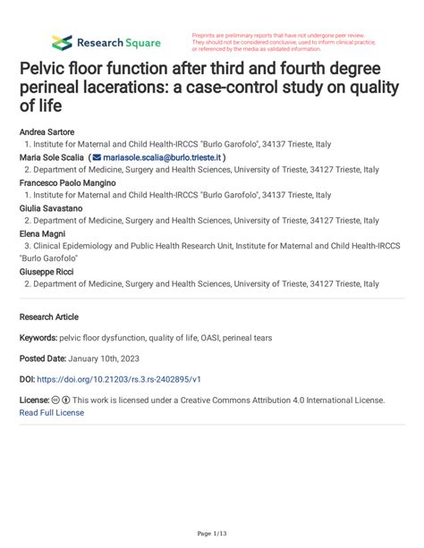 Pdf Pelvic Floor Function After Third And Fourth Degree Perineal