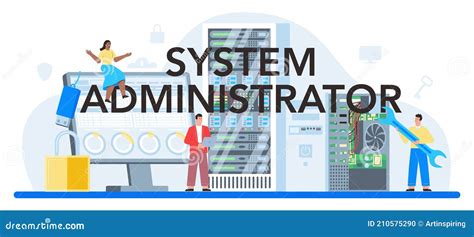 System Administrator Web Banner Or Landing Page Set Technical Work With Server Stock Vector