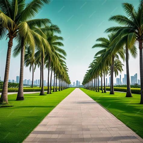 Premium Photo | A palm tree lined road with palm trees in the background