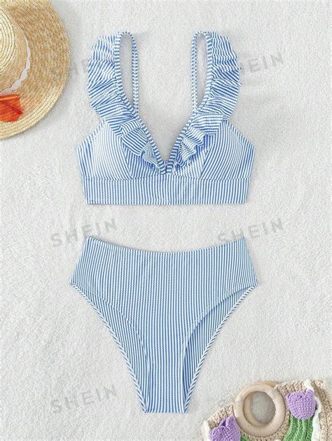 Shein Swim Summer Beach Striped Ruffle Trim Bikini Set Shein Usa