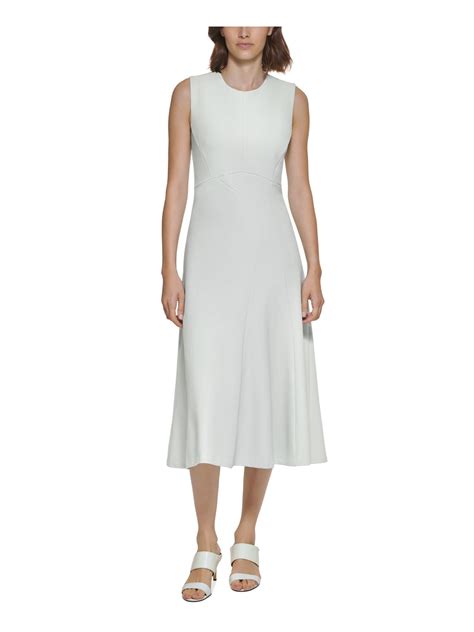 Calvin Klein Womens Ivory Zippered Lined Sleeveless Round Neck Midi