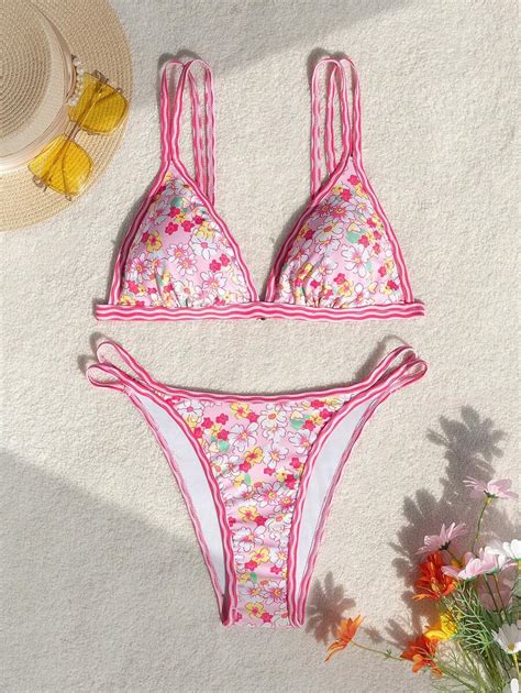 SHEIN Swim Mod Conjunto De Bikini De Verano Para Mujer Con Estampado De Flores Simple Moda De