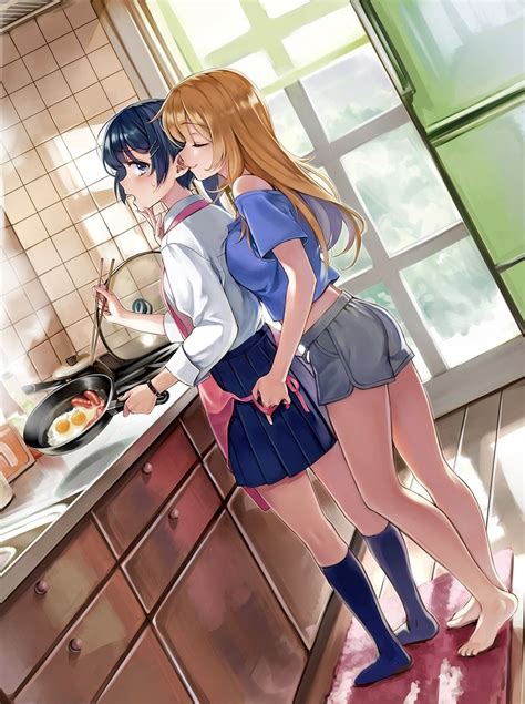 Anime Art Yuri Girls In Love Cooking Making Breakfast Kitchen Chopsticks