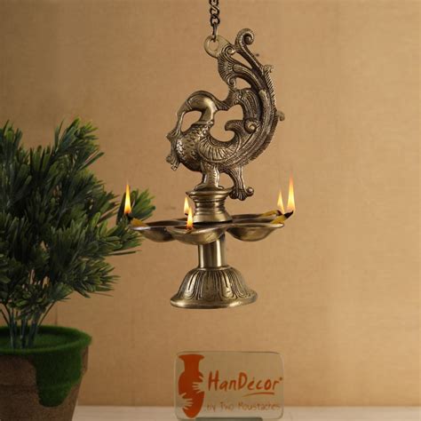 Buy Peacock Design Five Wick Brass Oil Lamp Hanging Diya Brass