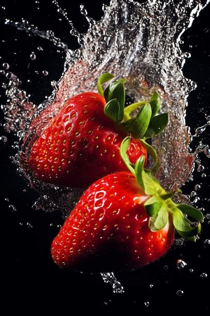 Fresas Frescas Cayendo Al Agua Con Un Toque Sobre Un Fondo Negro Foto