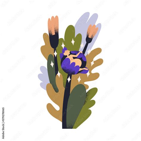 Woman Lying Inside Flower Bud Nude Female Body In Spring Floral Garden Nature Femininity