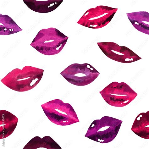 Womens Lips Pattern Hand Drawn Watercolor Lips Isolated On White Background Fashion And