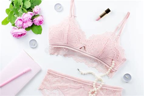Woman Elegant Pink Lace Bra And Panties Pumps And Jewelry Stylish Lingerie Flat Lay Stock