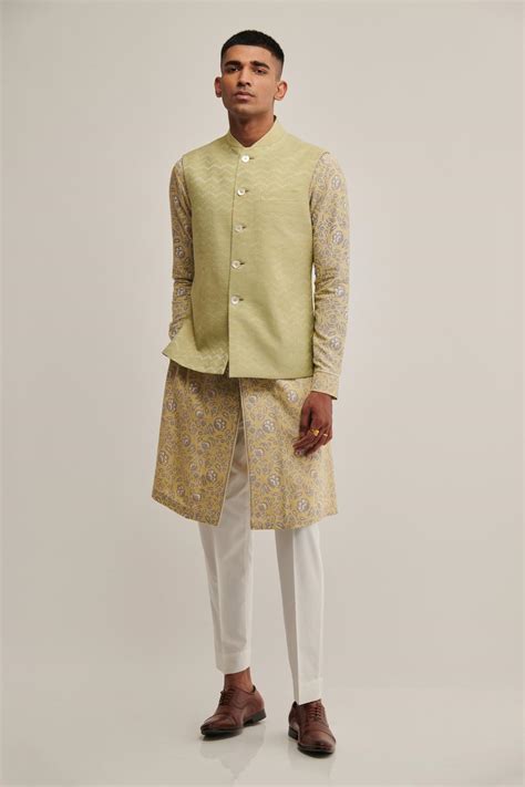 Buy Dhruv Vaish Green Cotton Silk Zig Zag Jawahar Jacket Online Aza