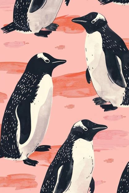 Premium Photo A Painting Of Two Penguins With A Pink Background