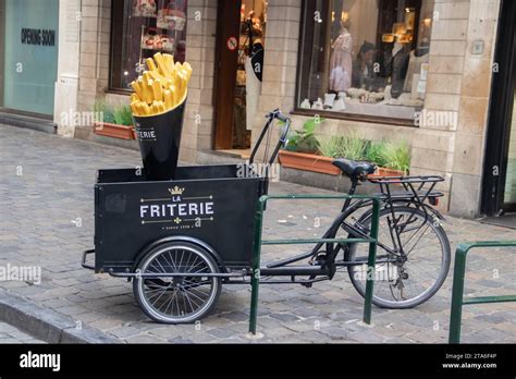 French Fries Friteria In Flemish Language Bicycle Sign Outside Of